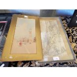 An Oriental watercolour landscape with character marks, framed,