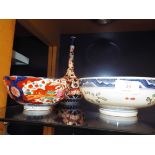A 19thC Chinese Imari pattern onion vase (unmarked) together with a similar bowl and one other