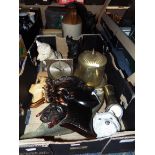 A mixed selection of items to include a pair of spelter Sottish terriers, a brass caddy,