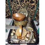 A box of assorted brass and copper ware to include a coal scuttle, horse brasses, bellows, funnel,