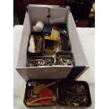 Miscellaneous items to include a beetle brooch with photo of the Beatles, tins of early keys, pens,