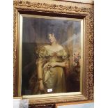 A large over painted print of a lady in costume in interior scene,