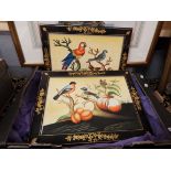 Five hand painted scenes of birds and fruit on panels with ebonised and painted frames