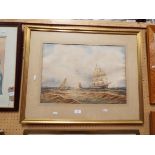 A Victorian watercolour depicting tall ships at sea,