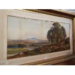 A large Victorian watercolour landscape with sheep in the foreground and village beyond,