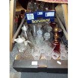 A mixed selection of crystal and glass ware to include Thomas Webb champagne flutes, decanters,