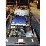 A mixed selection to include Wedgwood and Gibson items, silver plated cups, cruets,
