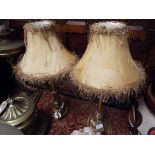 A pair of ornate gilt table lamps with acanthus moulded bases and floral lustre shades