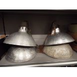 Three vintage industrial aluminium ceiling lights with ceramic fittings and chains,