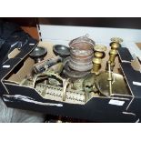 A box of assorted metalware to include candlesticks, pestle and mortar,