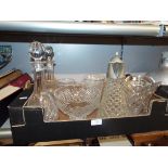 A box of assorted glassware to include claret jug, decanters,