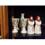 A pair of Cinque Ports Pottery 'Monk' salt and pepper pots and wine carafe and goblets