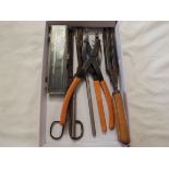 A cased set of dentil tools, three vintage hair tongs and a pair of Churchill no.