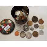 Approx 140 pins, medallions and tokens; religious, sporting,