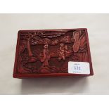 A Chinese cinnabar lacquered box carved with figures amongst trees and mountains