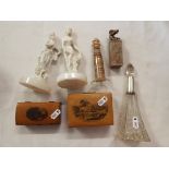 A mixed selection of items to include two Mauchline-ware boxes, glass scent bottle,