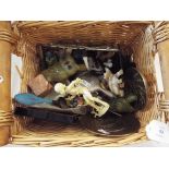 A small wicker basket containing a quantity of collectables to include brass trinket dish,