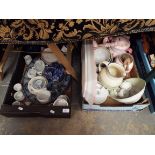 Two boxes of assorted ceramics to include Quimper ware, Victorian meat plate, chamber sticks,