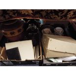Two boxes of miscellaneous items to include tea ware, opera glasses, demijohn's,