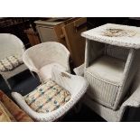 Four Lloyd Loom white painted chairs together with matching bedside cabinet