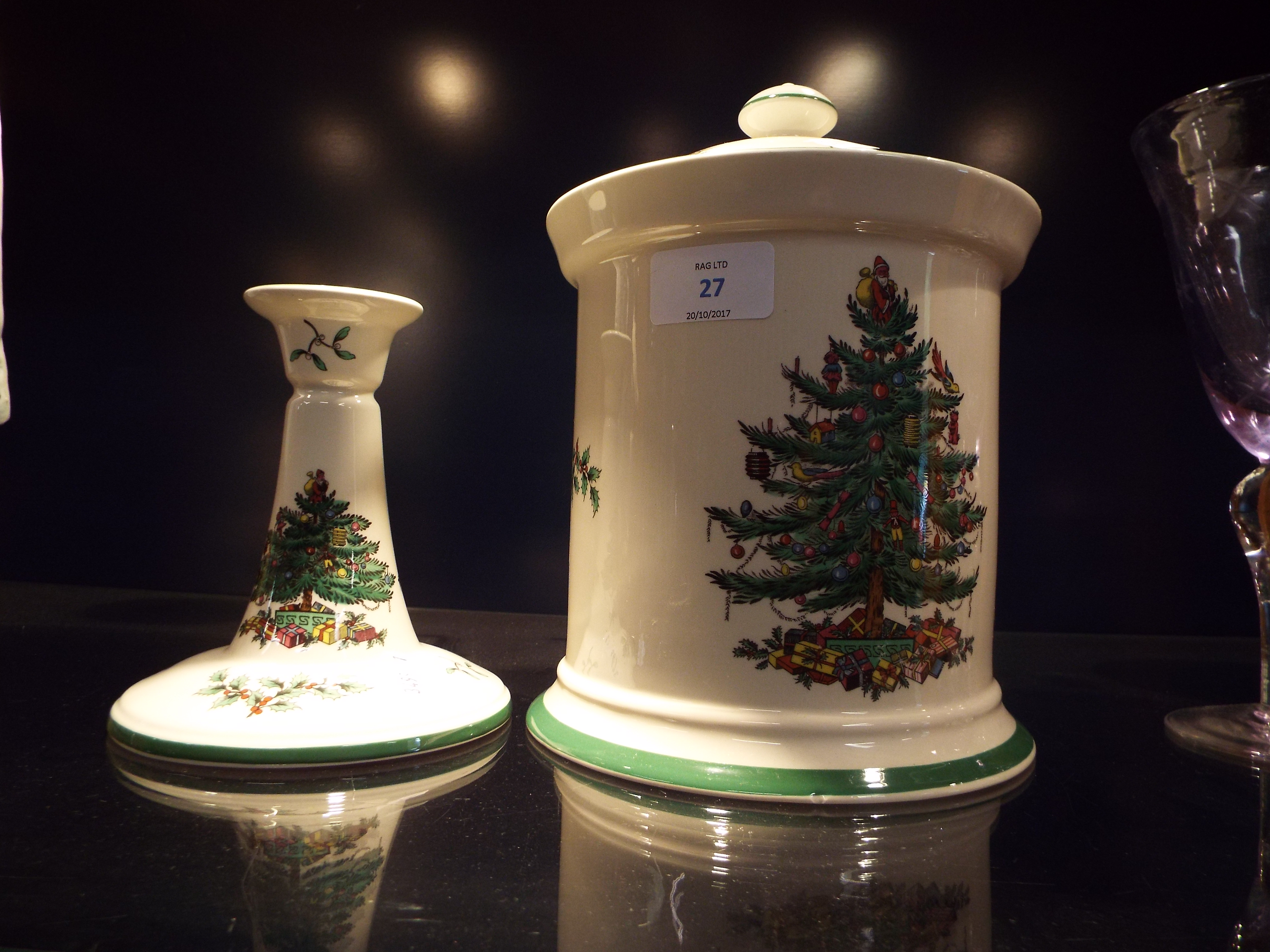 A Spode 'Christmas Tree' pattern biscuit barrel and candlestick