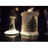 A Spode 'Christmas Tree' pattern biscuit barrel and candlestick