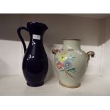 A Bourne Denby twin-handled vase hand-painted with floral spray together with a blue glazed ewer