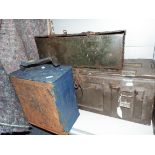 Two metal ammunition boxes and a blue painted Shell fuel can
