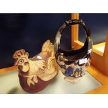 A Quantock Art Pottery egg basket in the form of a chicken together with a Sumida Gawa pottery