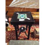 An apprentice piece miniature Arts & Crafts jardiniere stand having inset painted tile to top