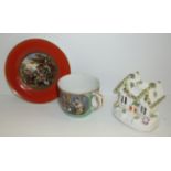 Staffordshire cottage pastille burner & Pratt ware tea cup and saucer (non matching)