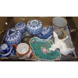 Selection of blue and white ginger jars, oriental teapot,