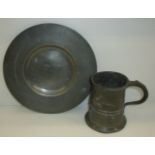 Edwardian pewter tankard and pewter plate with impressed marks to base Lord Moyne