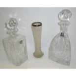 Two Thomas Webb decanters and Victorian hobnail glass bud vase with silver rim