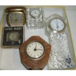 Selection of clocks including Edinburgh Crystal, travel clock,