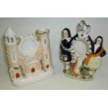 Staffordshire flat back pocket watch holder depicting lady and gent in Scottish dress & one other