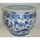 Blue and white jardiniere with fish and coral design