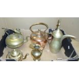 Copper kettle and selection of brass jugs, kettles etc.