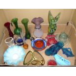 Selection of coloured glass including Murano, Whitefriars, cranberry etc.