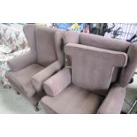 Pair of modern upholstered wing back arm chairs