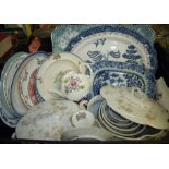 Blue and white meat plate, Royal Worcester 'Roanoke' teapot (lid damaged), lidded tureens,