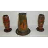 Art Nouveau style copper and enamel overlay vase and pair of matching garnitures stamped W. M. M.