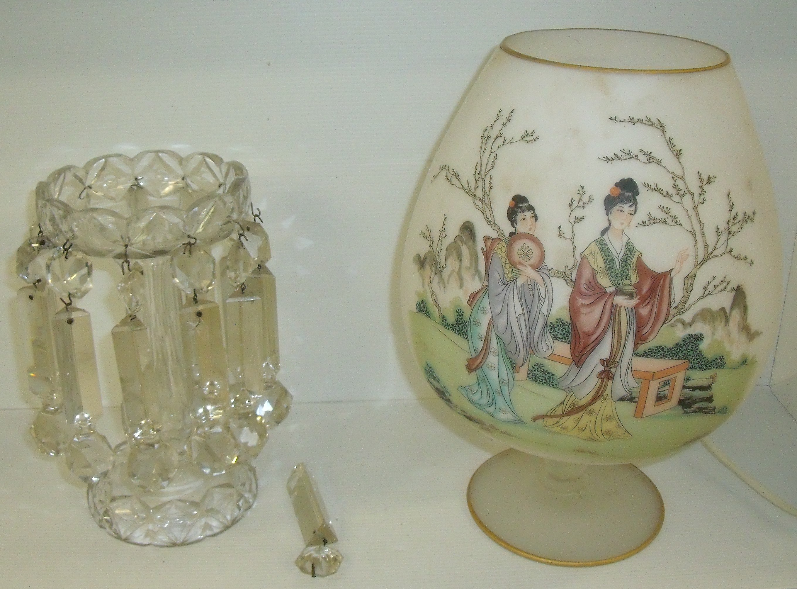 Large oversized opaque glass goblet converted to a table lamp with transfer print Oriental scene