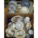 Two boxes of decorative ceramics including Cauldon blue and white bowl, glass salts,