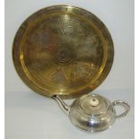 Islamic / Persian brass tray with silver & copper inlay and Islamic silver plated teapot