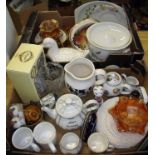Two boxes of assorted ceramics including Royal Worcester Evesham casserole dish, teapots, jugs etc.