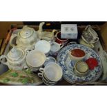 Victorian teapot, sucrier and milk jug with gilt decoration, blue and white plates,