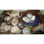 Box of assorted ceramics including Grindley blue and white cream jug, Mason's pot pourri pot,