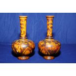 Pair of 19th C poker work vases with bul