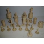 Selection of 19th C carved and stained bone chess pieces and selection of carved and turned wooden